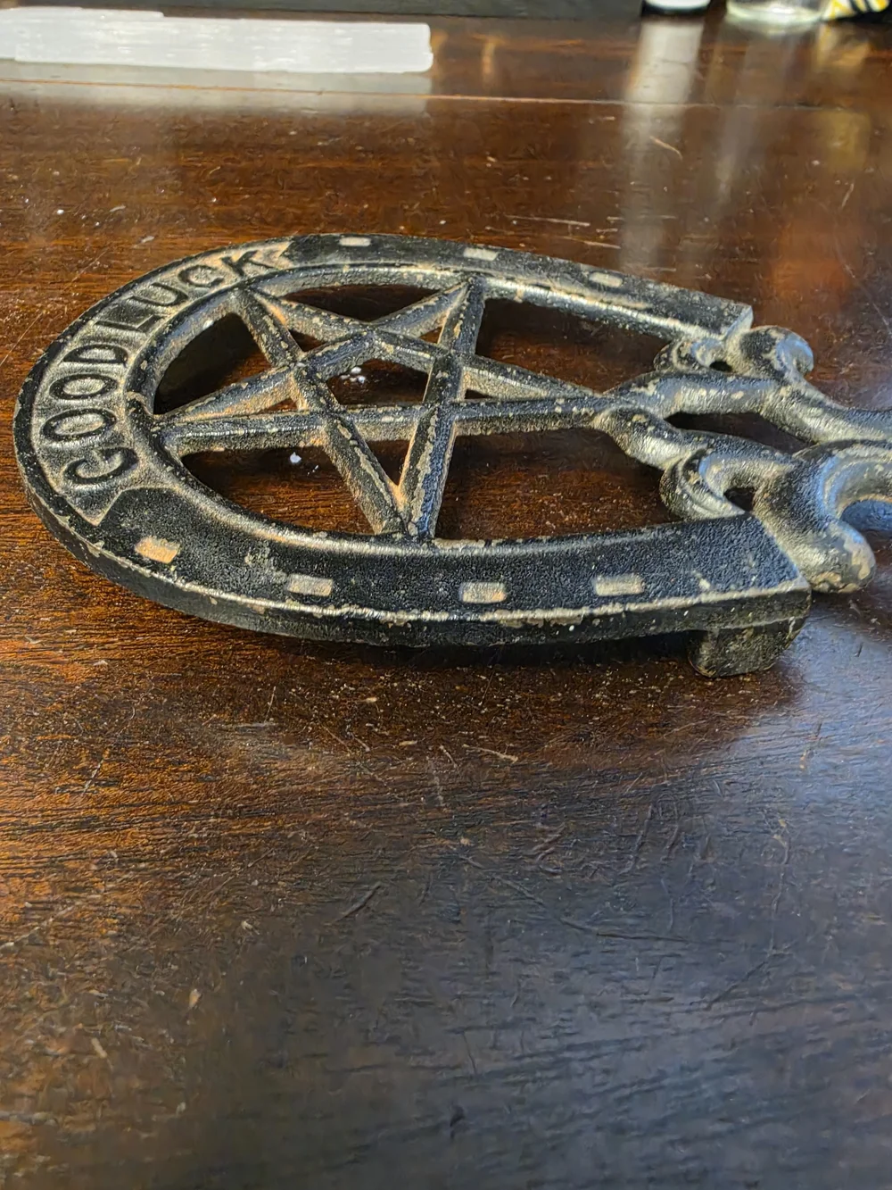 Good Luck Black Cast Iron Horseshoe Trivet With Pentagram